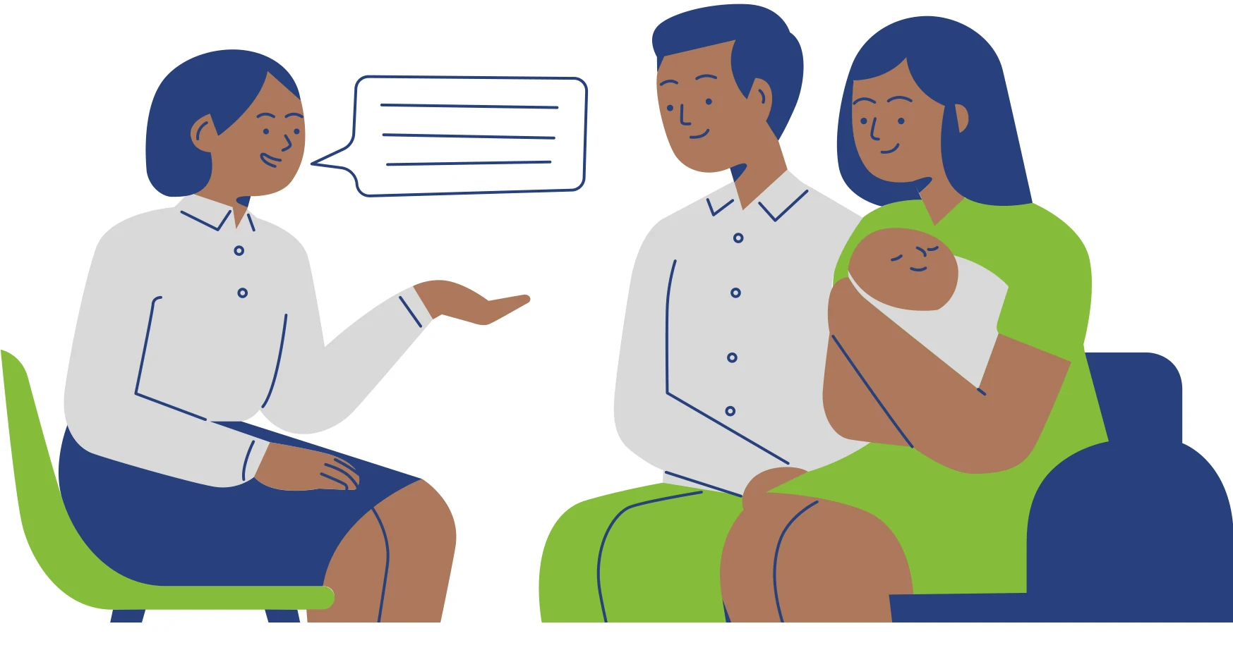 Illustratie uit de flyer van KoMee: een hulpverlener in gesprek met twee ouders en hun baby