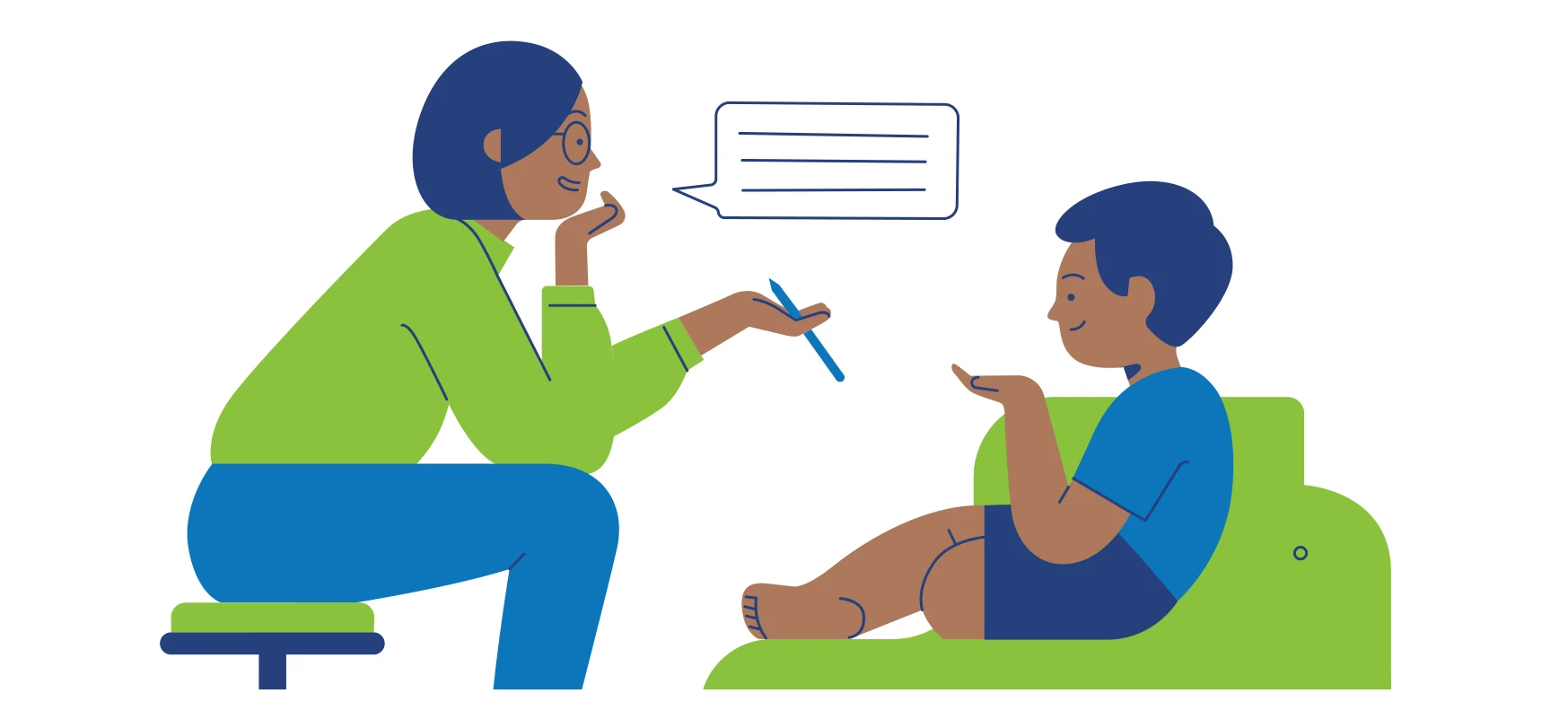 Illustratie uit de flyer: een hulpverlener in gesprek met een kind