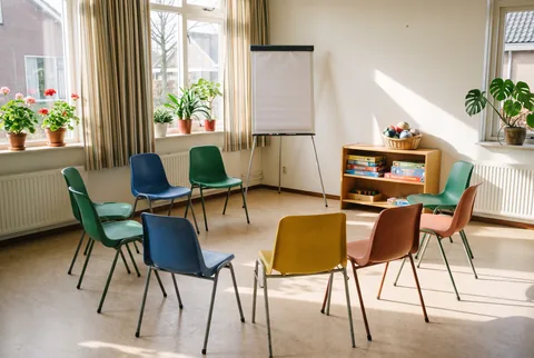 Een lichte ruimte in een buurtcentrum met acht gekleurde stoelen in een kring en een flip-over