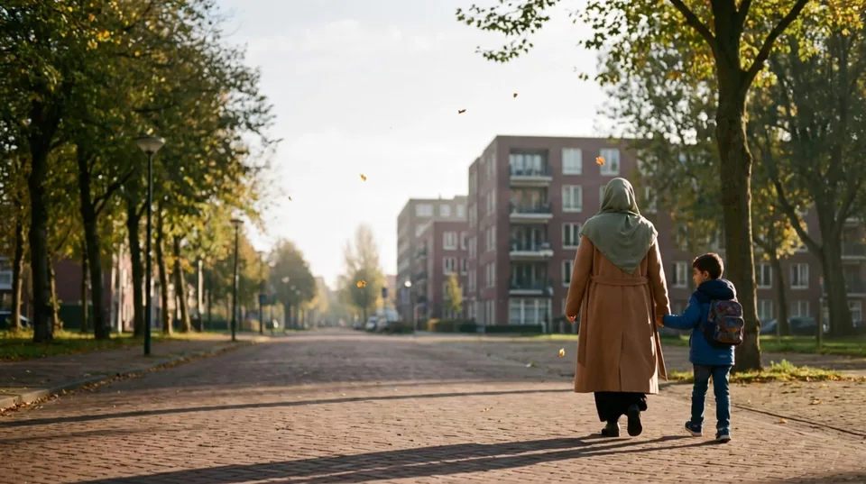 Een moeder en haar zoon lopen hand in hand door een Amsterdamse woonwijk, op de rug gezien